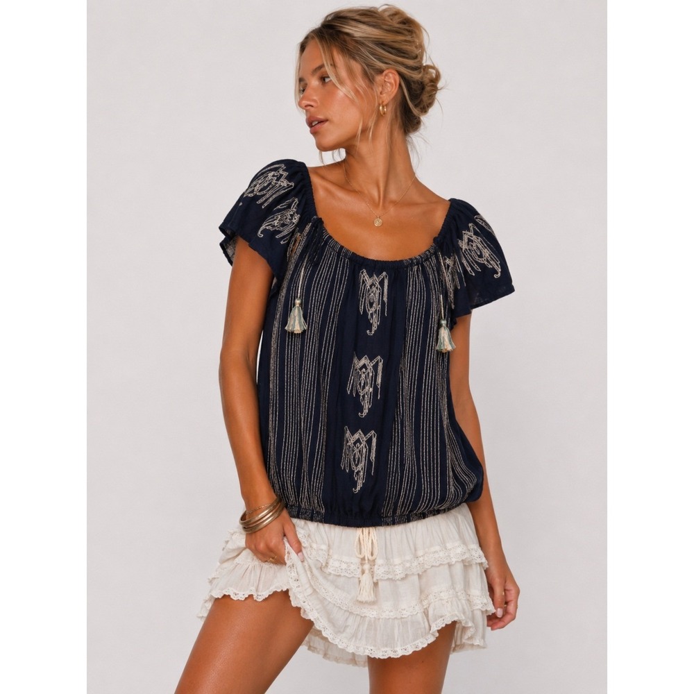 Free People 100% Cotton Boho Embroidered Tassel Peasant Top Black Striped S